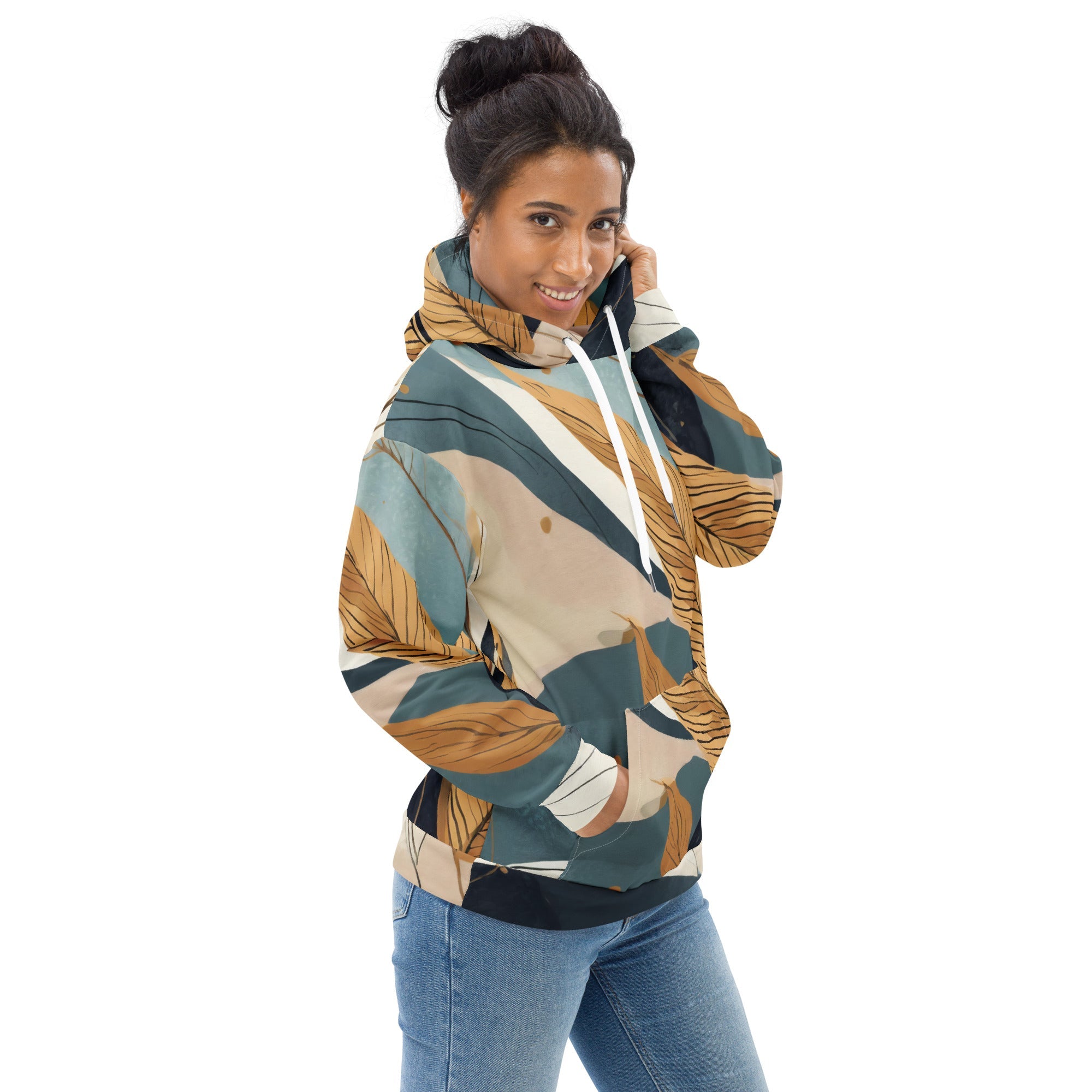 White unisex hoodie with all-over recycled print by Start2Finish, showcasing stylish and eco-friendly apparel.
