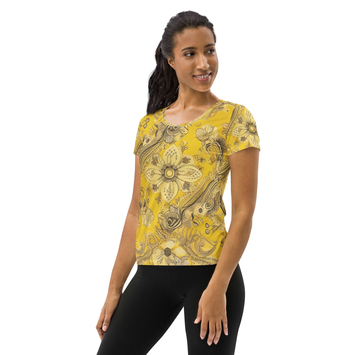 Women’s Grey Coco athletic sports T-shirt with floral yellow bandanna print, all-over design, lightweight stretch fit for active wear.