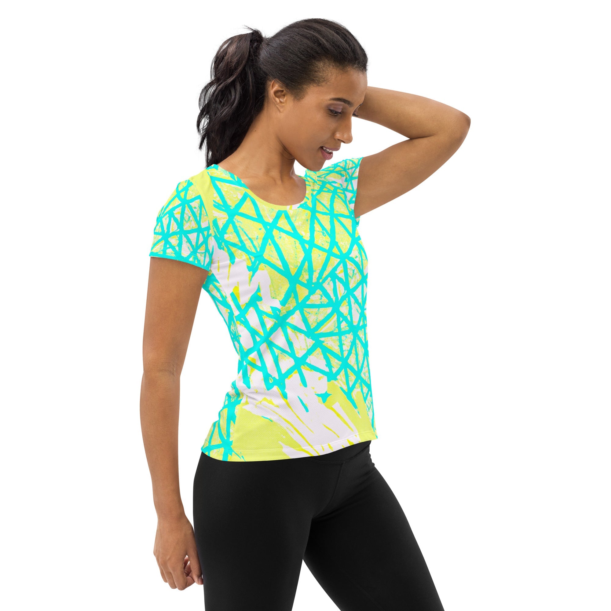 Women’s stretch-fit athletic sports T-shirt by Grey Coco in cyan blue and lime green with an all-over print design.