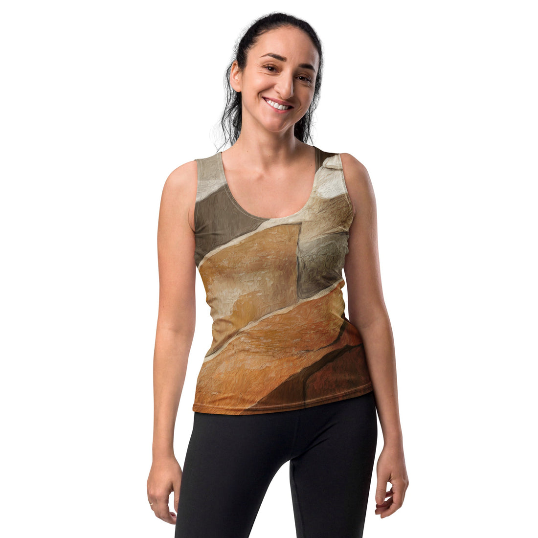 Womens Grey Coco stretch fit tank top with abstract stone print, white background, front view.