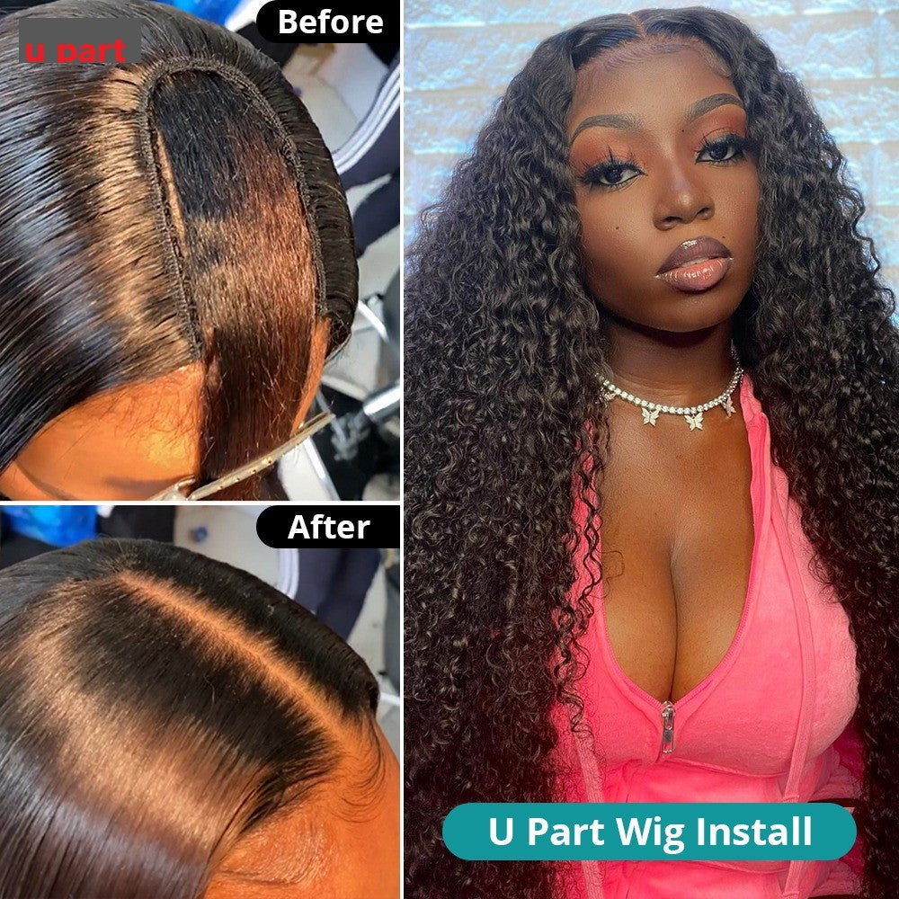 Cerise Alfie water wave U part wig with curly Brazilian Remy human hair, styled for black women, natural and full-bodied.