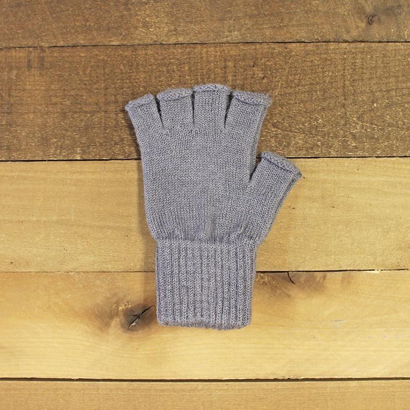Milky Way fingerless alpaca gloves for work and play, in slate grey, showing soft knit texture and snug fit for activewear use.