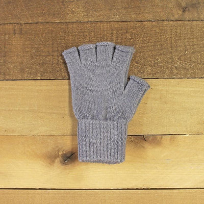 Milky Way fingerless alpaca gloves for work and play, in slate grey, showing soft knit texture and snug fit for activewear use.