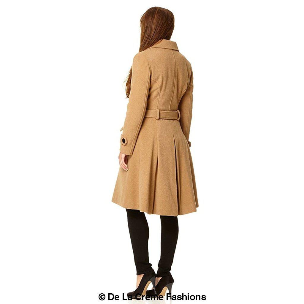 Amber faux wool blend double-breasted coat by Rose Eleusis, stylish trench coat with classic design and button details.