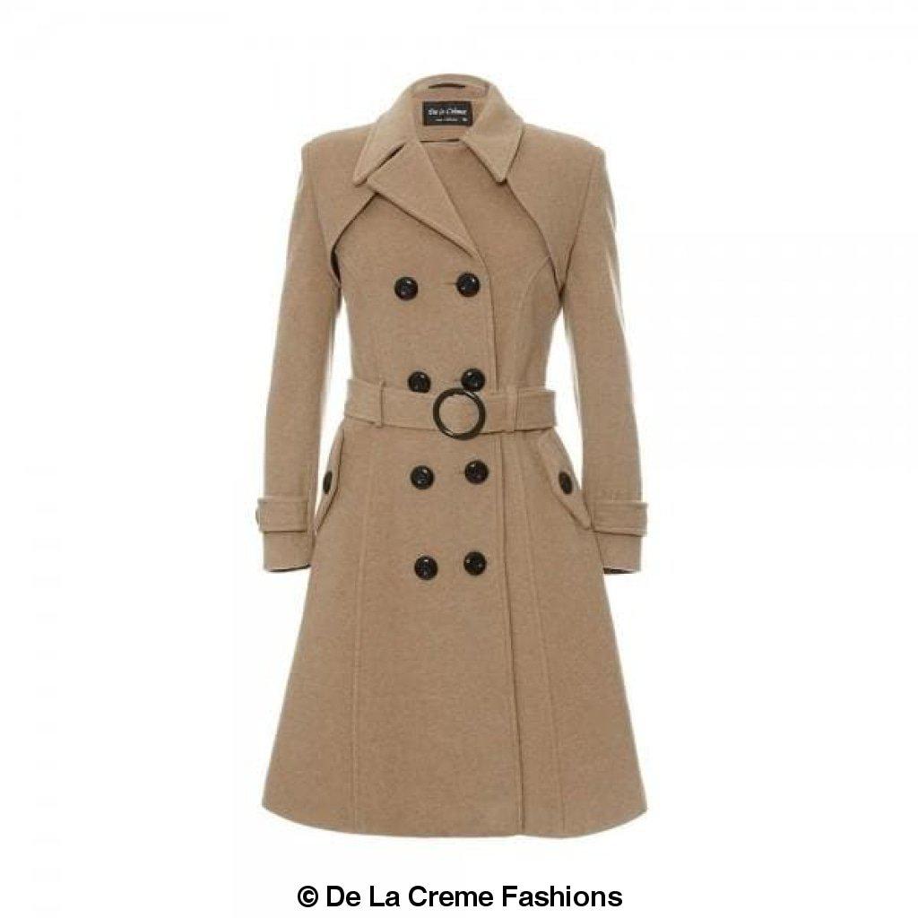 Amber faux wool blend double-breasted trench coat by Rose Eleusis, stylish jacket with lapels and button details.