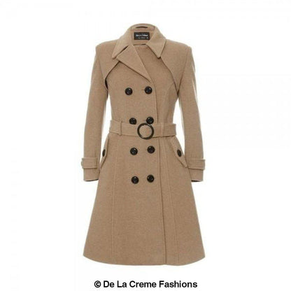 Amber faux wool blend double-breasted trench coat by Rose Eleusis, stylish jacket with lapels and button details.
