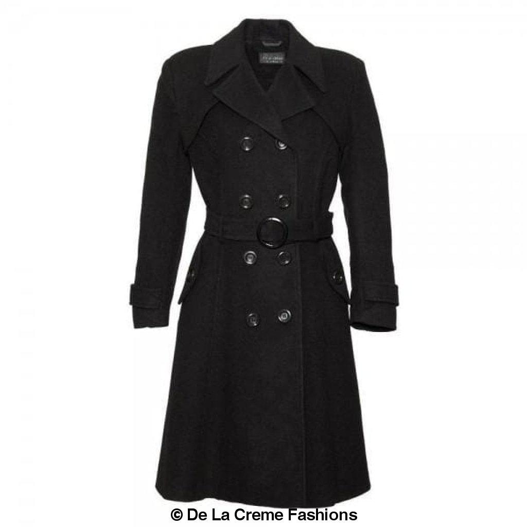 Amber faux wool blend double-breasted trench coat by Rose Eleusis, showcasing classic jacket style with tailored fit and lapel collar.