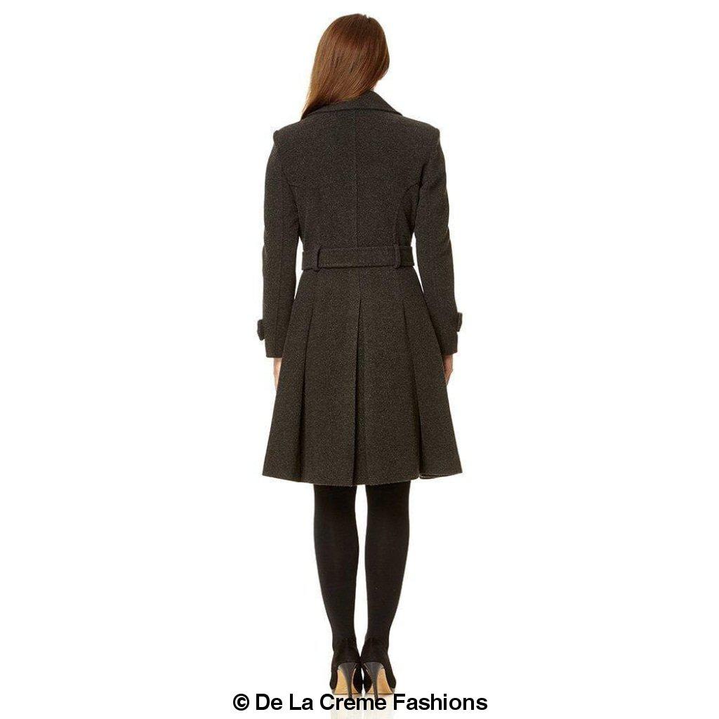 Amber faux wool blend double-breasted coat by Rose Eleusis, stylish jacket with classic trench design and button details.
