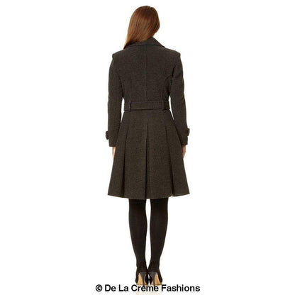 Amber faux wool blend double-breasted coat by Rose Eleusis, stylish jacket with classic trench design and button details.