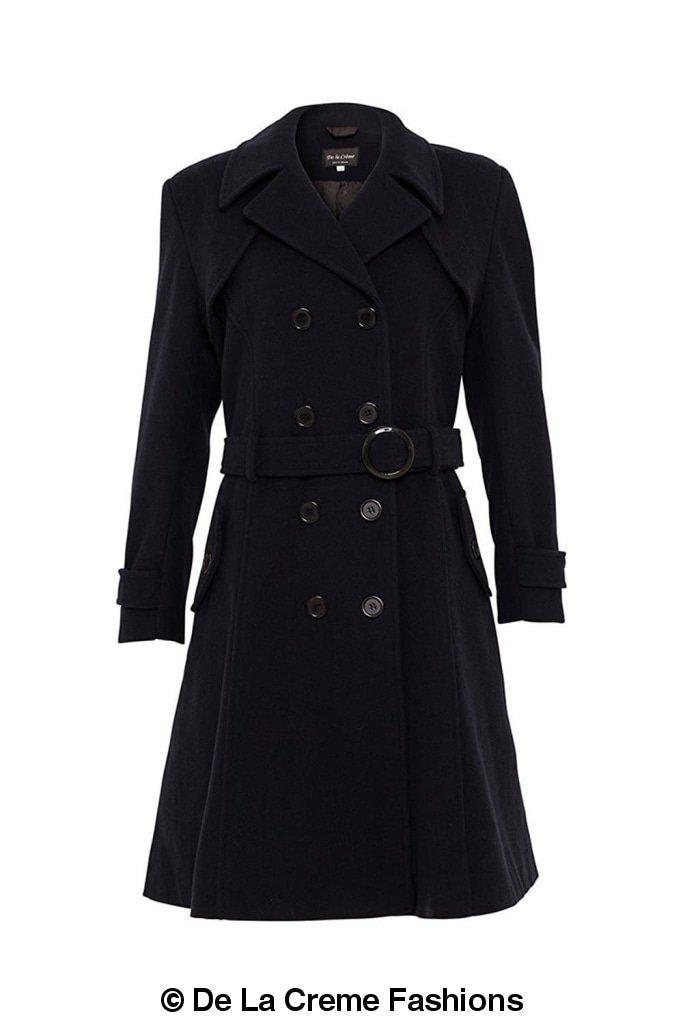 Amber faux wool blend double-breasted trench coat by Rose Eleusis, stylish jackets and coats with button details and classic design.