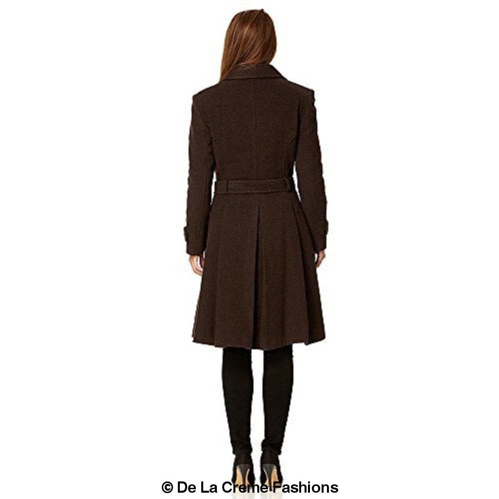 Amber faux wool blend double-breasted coat by Rose Eleusis, stylish jacket with classic trench design and button details.