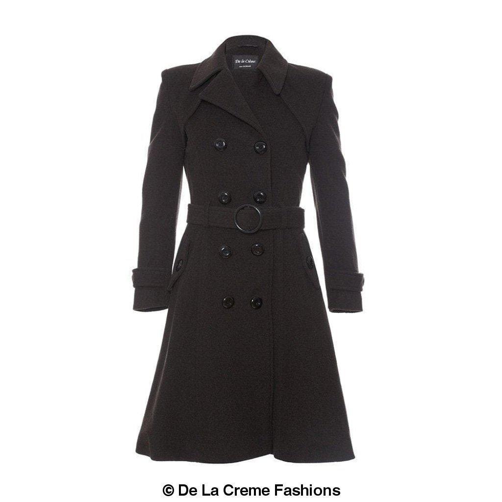 Amber faux wool blend double-breasted coat by Rose Eleusis, stylish trench coat with lapels and button details.