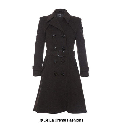 Amber faux wool blend double-breasted coat by Rose Eleusis, stylish trench coat with lapels and button details.