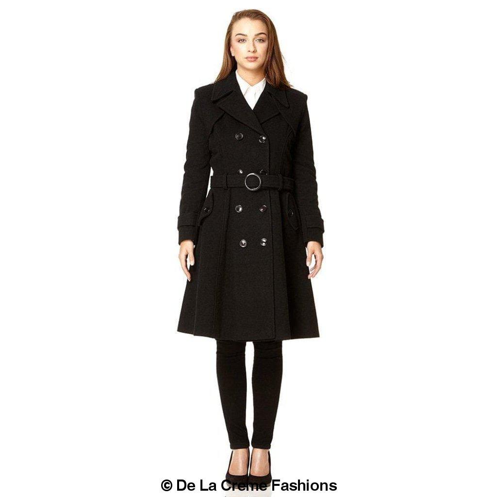 Amber faux wool blend double-breasted coat by Rose Eleusis, stylish trench jacket with button details and tailored fit.