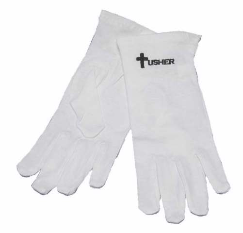 White cotton usher gloves with cross detail from Swanson Christian Supply, designed for religious or ceremonial use.