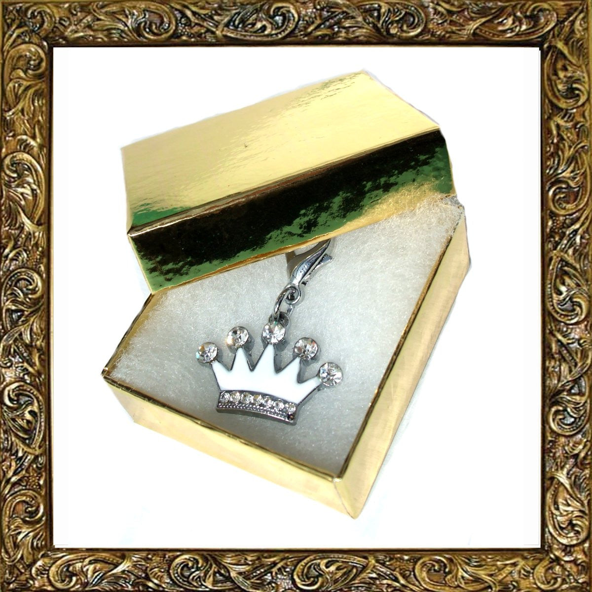 Salmon Oscar Crown Crystal and Enamel Pet Dog and Cat Charm in gift box, decorative leash and collar accessory for pets
