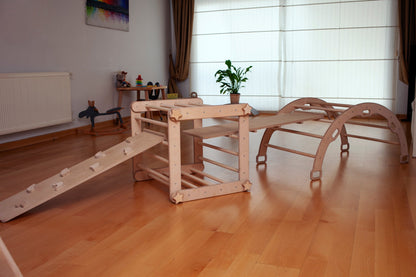 Red Oceanus Montessori Climber Set with two arches and ramps, ideal for indoor play and early childhood development.