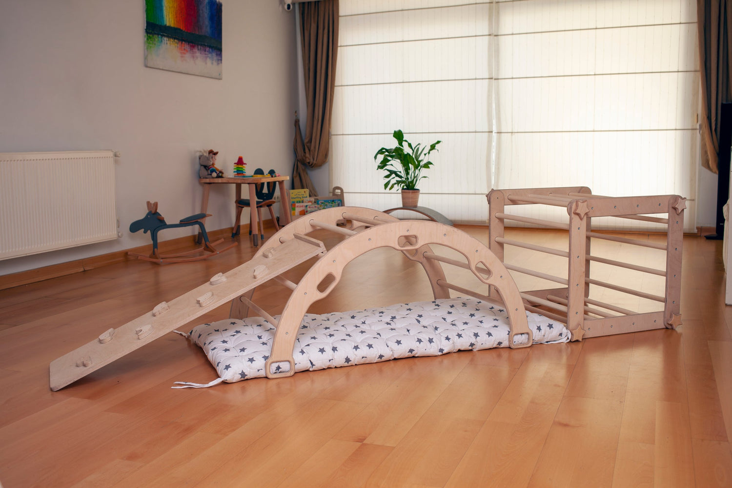 Red Oceanus Montessori Climber Set with six pieces, including rockers and ramps, designed for indoor playground and children&