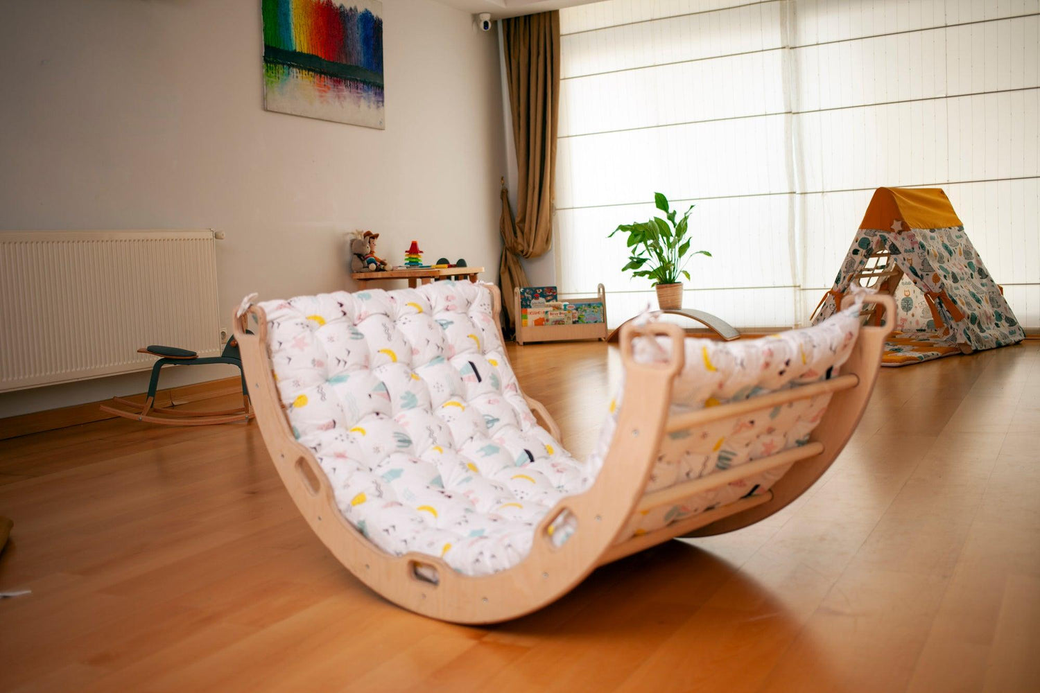 Red Oceanus climbing arch with flamingo pattern pillow, a colorful furniture piece featuring a playful flamingo design.