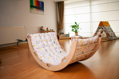 Red Oceanus climbing arch with flamingo pattern pillow, a colorful furniture piece featuring a playful flamingo design.