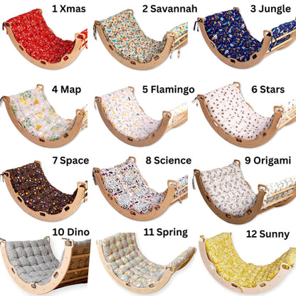 Red Oceanus climbing triangle set with arch rocker, pillow, and 2-in-1 ramp, featuring colorful foam-covered furniture pieces for kids.