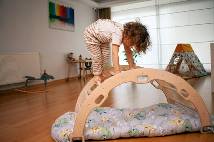 Red Oceanus climbing arch with a colorful map pattern pillow, designed for versatile furniture and playful decor.