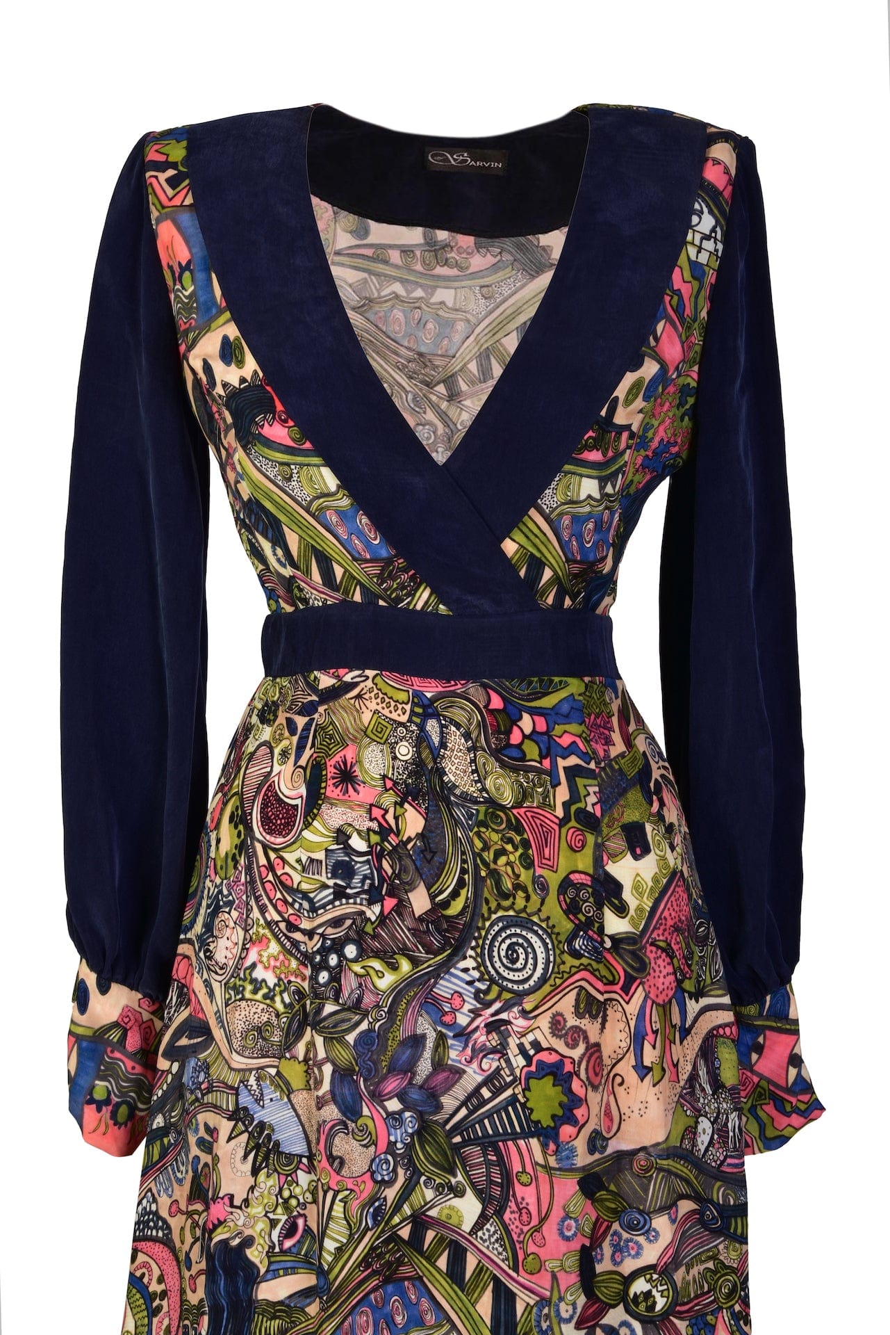 Hand-painted long sleeve maxi dress by Blush Athena featuring vibrant floral artwork and flowing fabric.