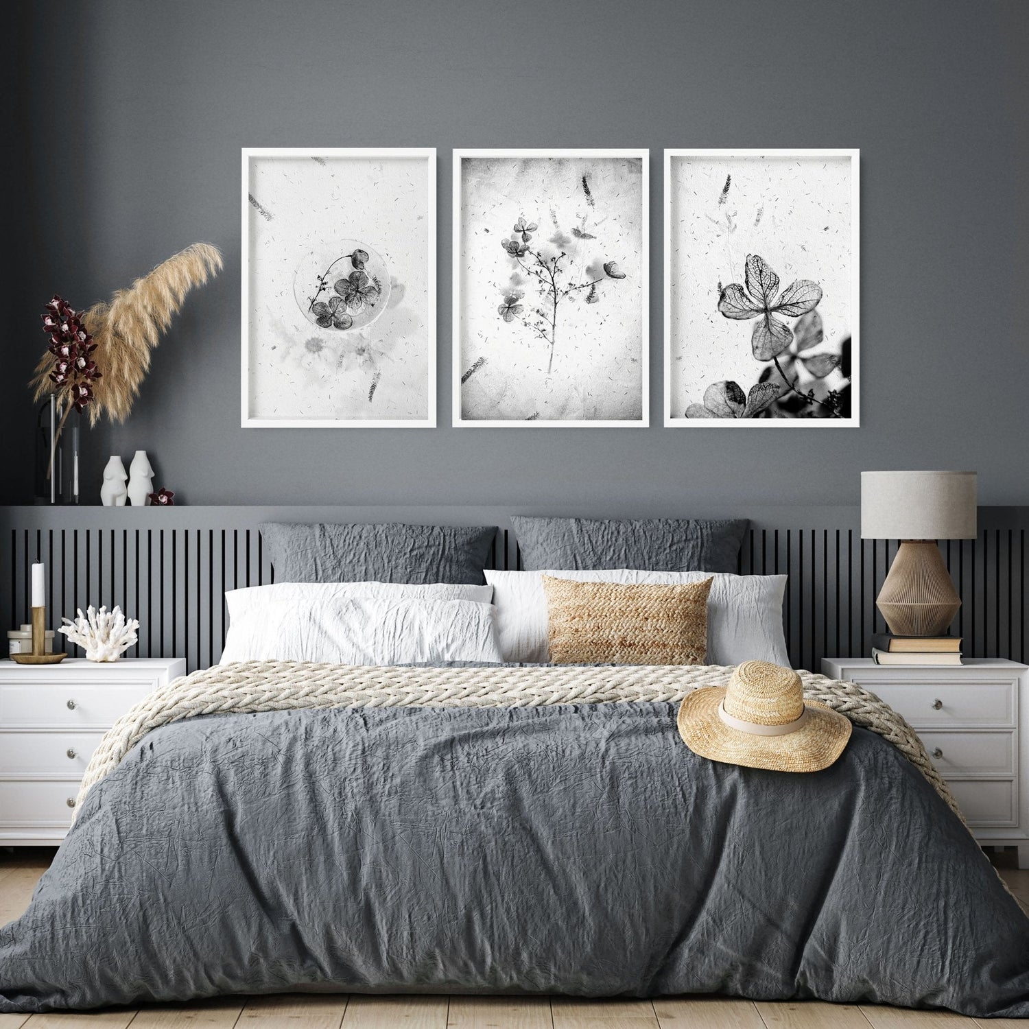 Set of 3 framed bedroom art prints by Lime Theseus, featuring modern wall decor for a cozy bedroom setting.