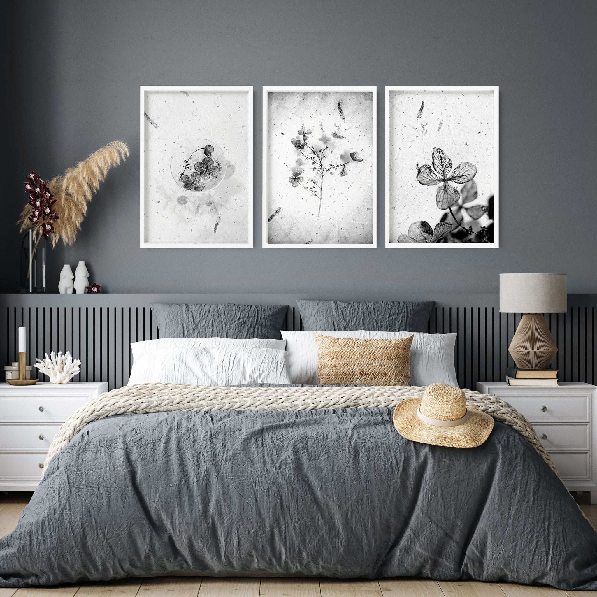 Set of 3 framed bedroom art prints by Lime Theseus, featuring modern wall decor for a cozy bedroom setting.