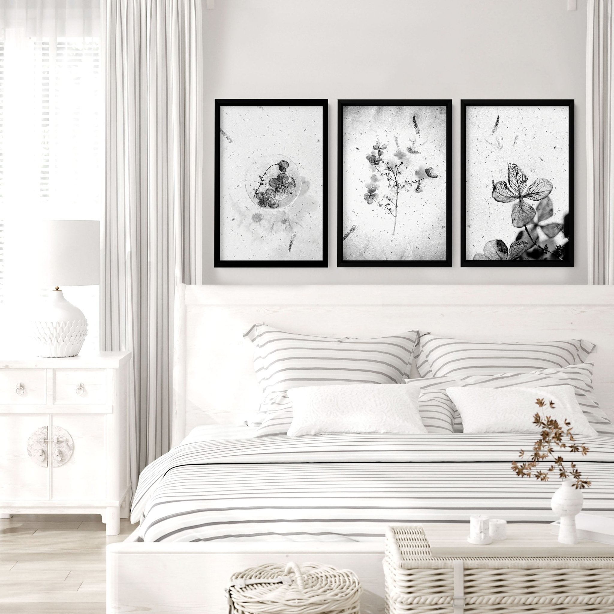 Set of 3 framed bedroom art prints by Lime Theseus, featuring modern wall decor for a stylish home interior.