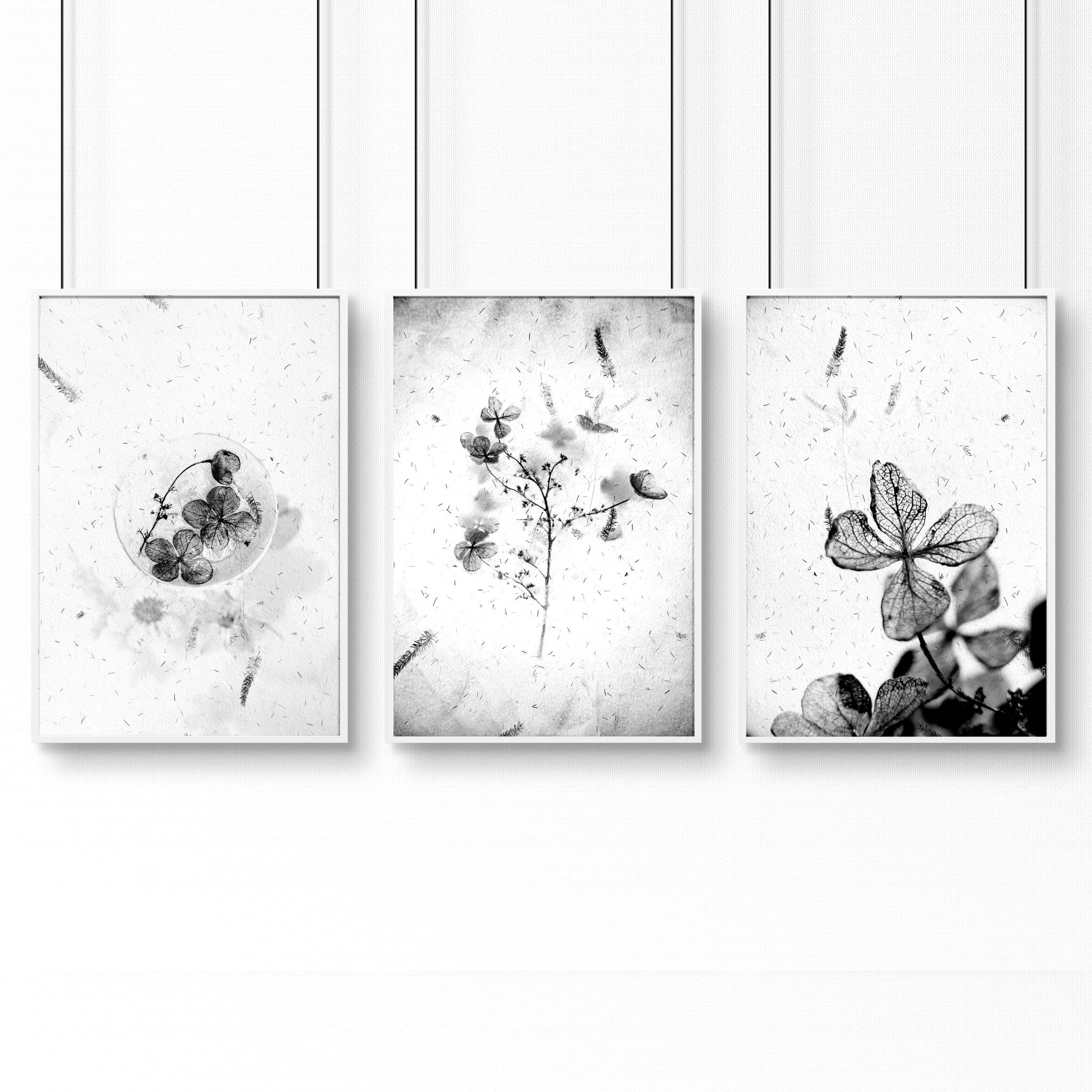 Set of three framed bedroom art prints by Lime Theseus, featuring modern home decor with abstract and floral designs.