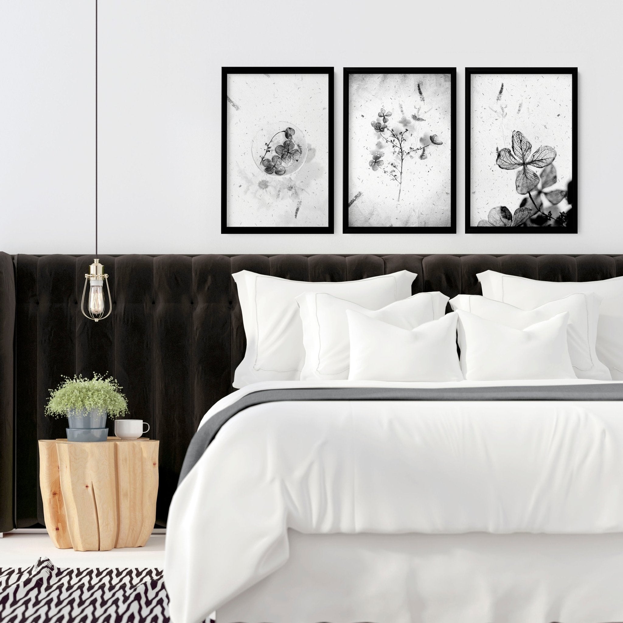 Set of 3 framed bedroom art prints by Lime Theseus, featuring calming wall decor for a cozy home interior.