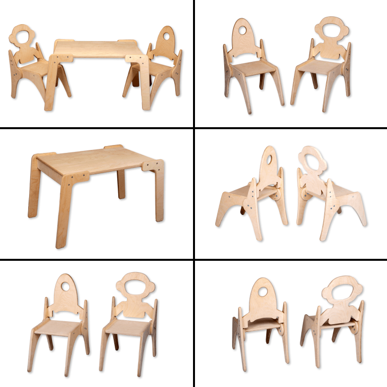 Red Oceanus Montessori table and chair set for children, featuring a wooden furniture design suitable for learning and play.