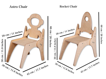 Red Oceanus Montessori table and chair set for children, featuring a space-themed astronaut rocket design for kids&