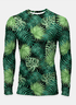 Bright green tropical activewear t-shirt by Scorpius featuring fern, palm, and monstera jungle plant design.