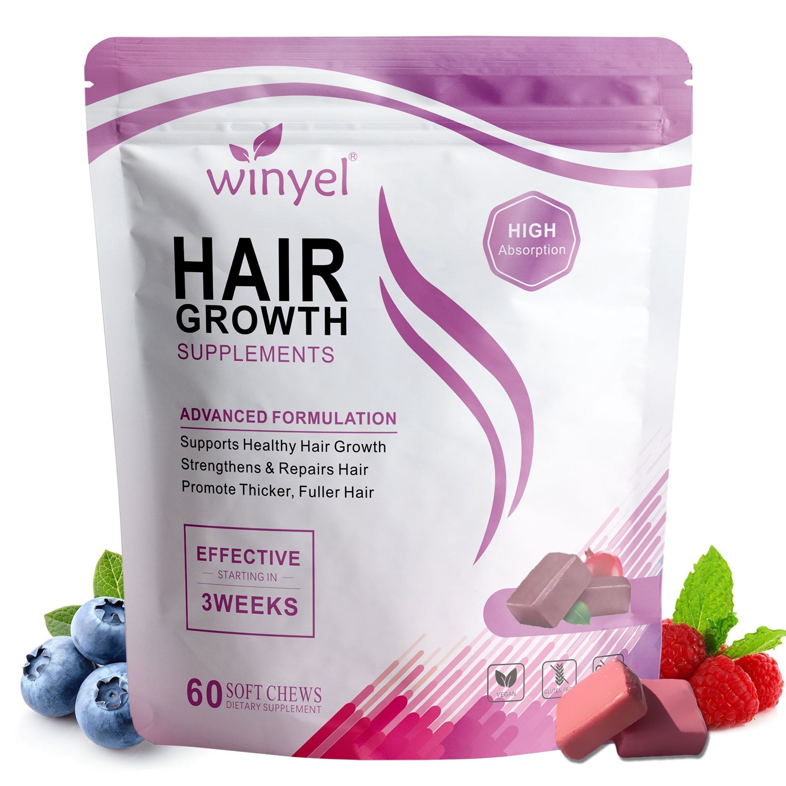 Pear Daisy WINYEL Hair Growth Soft Chewables with vitamins, featuring colorful chewable tablets for healthy hair nourishment.