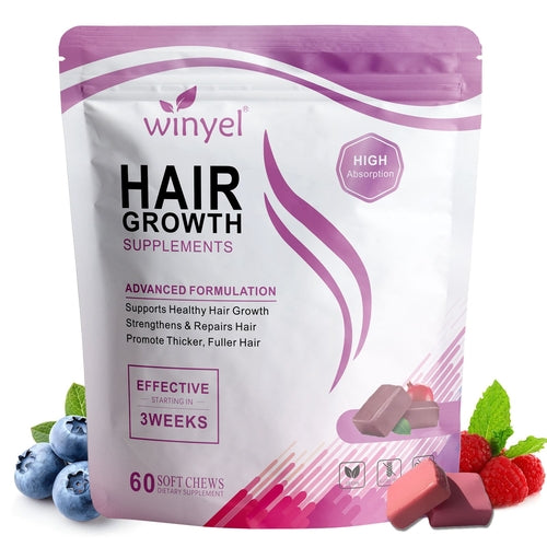 Pear Daisy WINYEL Hair Growth Soft Chewables with vitamins for healthy hair, shown in a close-up image of the chewable supplements.