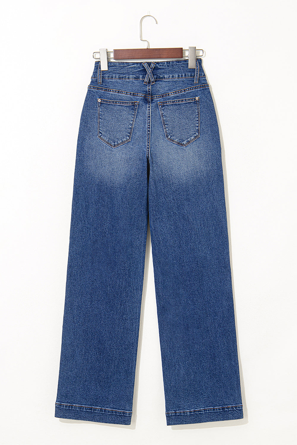 Women’s denim straight leg jeans with double buttons from Byzantium Bay, showcasing a classic fit and stylish design.