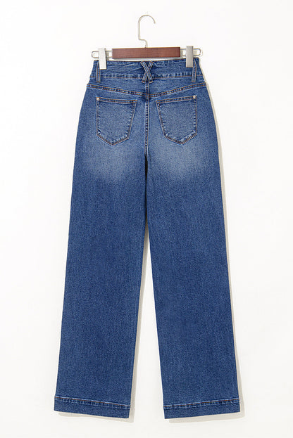 Women’s denim straight leg jeans with double buttons from Byzantium Bay, showcasing a classic fit and stylish design.