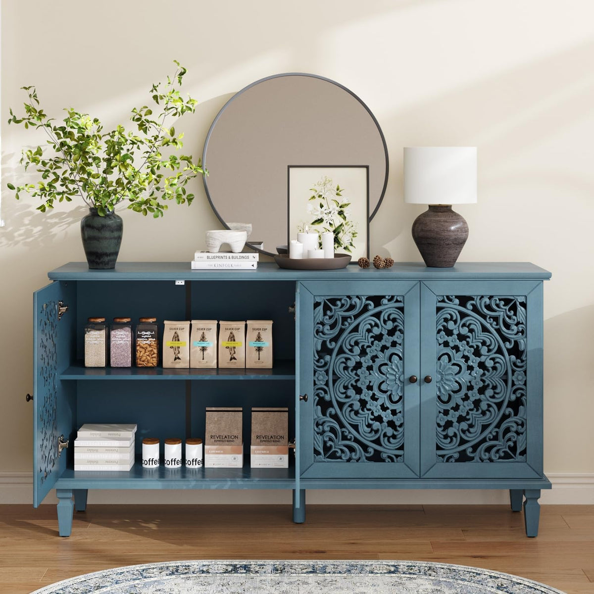 Vintage Sixty Inch Hollow Carved Console Sideboard
