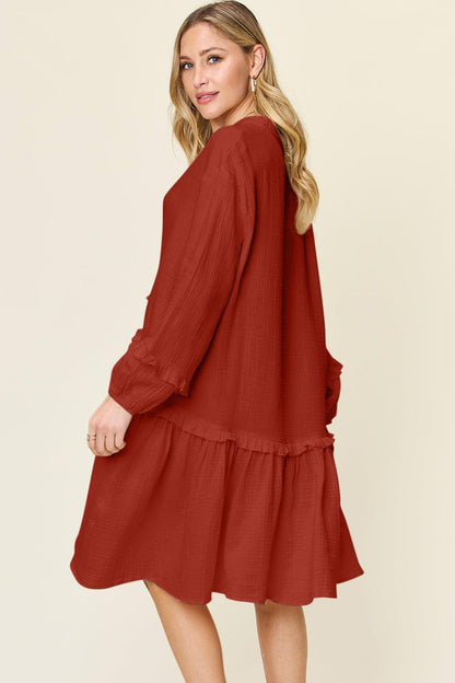 Carmine Juneberry double take full size texture dress with half button front and ruffle trim, showcasing stylish design and fabric details.