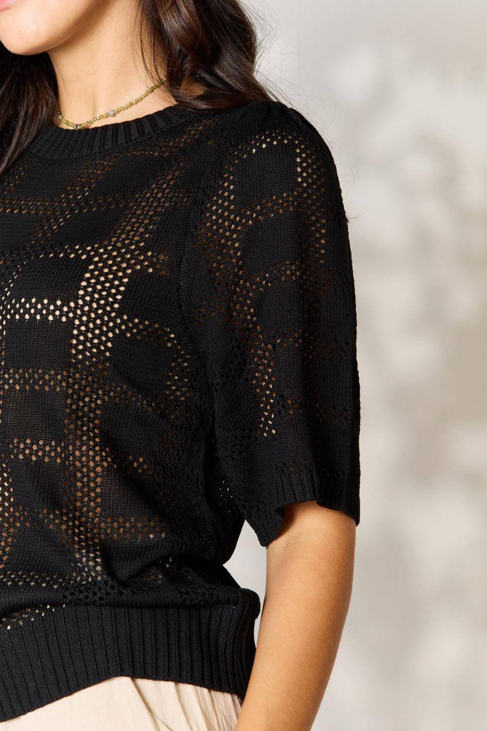 Carmine Juneberry Mandy ribbed trim round neck knit top, showcasing the textured fabric and classic fit in natural lighting.