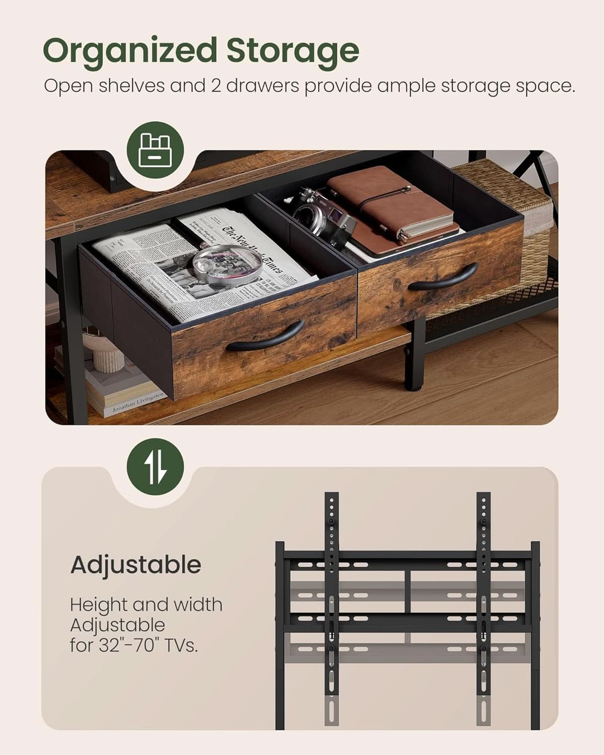 Rustic Brown Adjustable TV Stand Mount Integrated Outlet