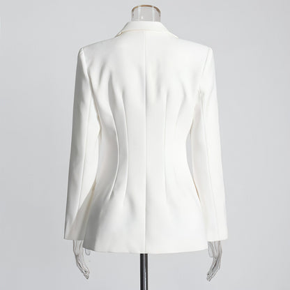 Slim fit patchwork suit jacket for women by Carmine Juneberry featuring stylish design and tailored fit, shown on a model.
