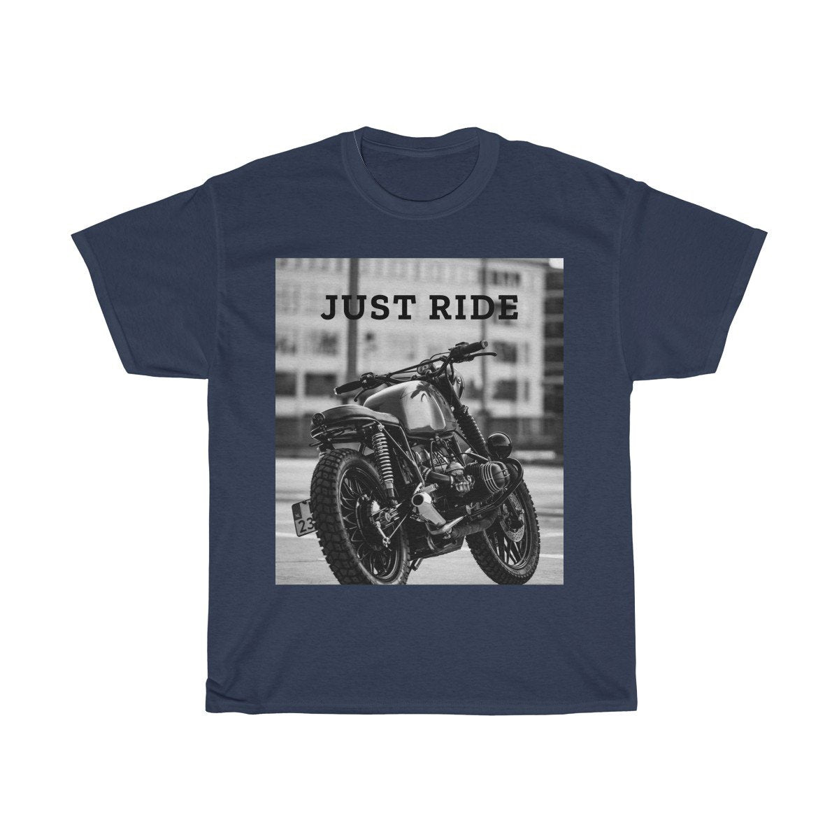 Yellow Pandora Motorcycle Just Ride heavy cotton T-shirt featuring a motorcycle graphic and casual crew neck design.