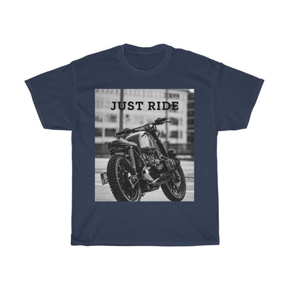 Yellow Pandora Motorcycle Just Ride heavy cotton T-shirt featuring a motorcycle graphic and casual crew neck design.