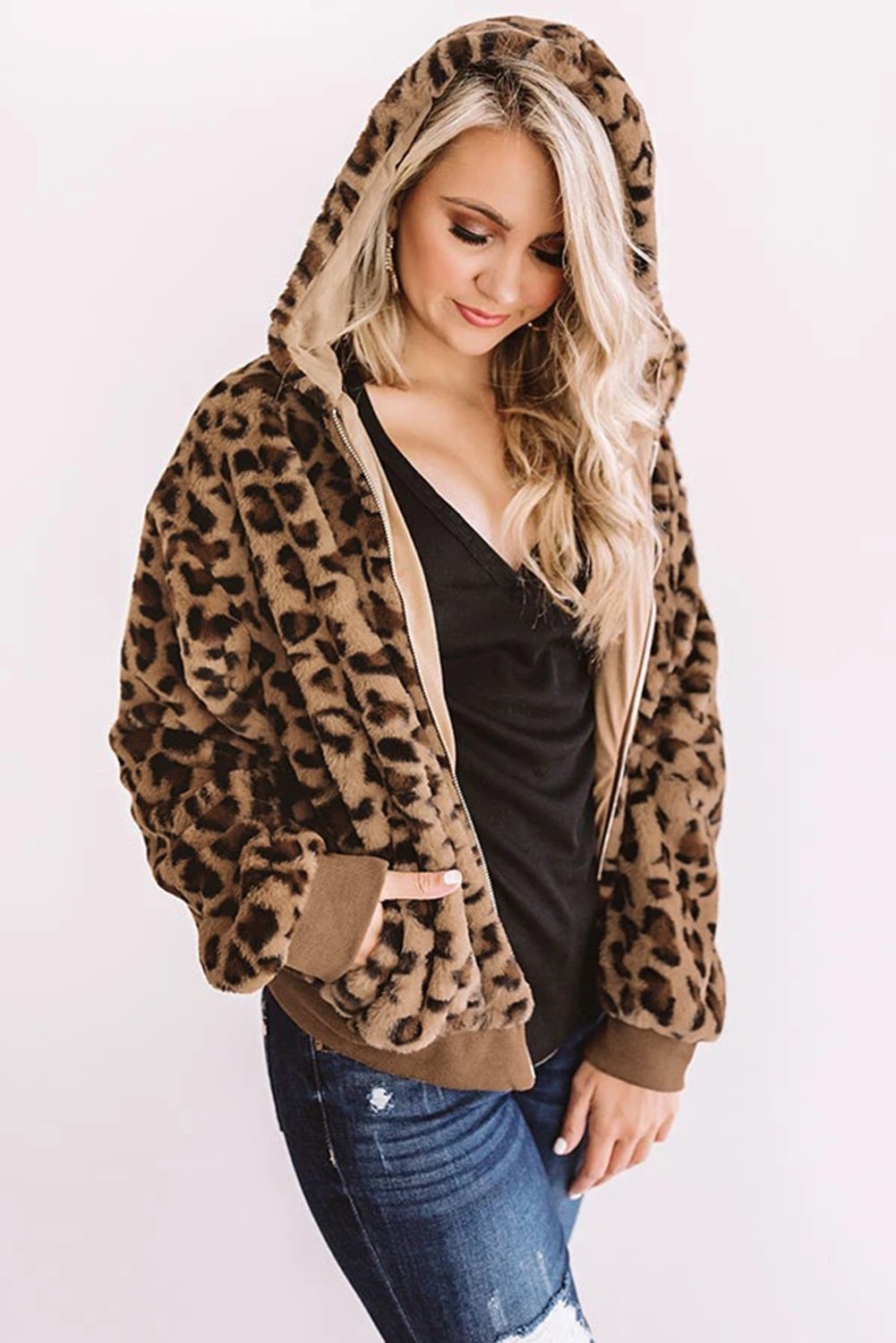 Cozy plush leopard jacket for women by Jade, featuring soft fabric and a stylish leopard print design.