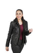 Black leather Winter Becky hooded jacket by Azure Metis, featuring a stylish hood and sleek design for cold weather wear.
