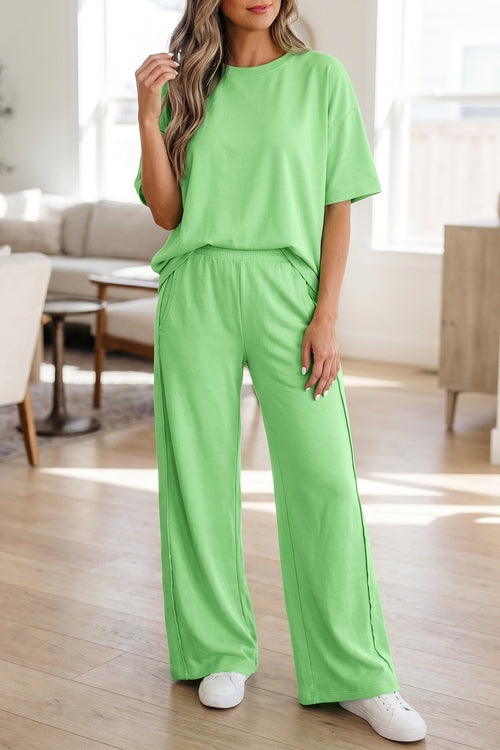 Women’s solid color oversized t-shirt and wide-leg pants set from Byzantium Bay, casual and comfortable women&
