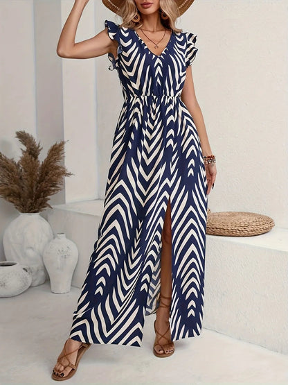 Printed V-neck cap sleeve maxi dress by Ruby Styx, flowing women&